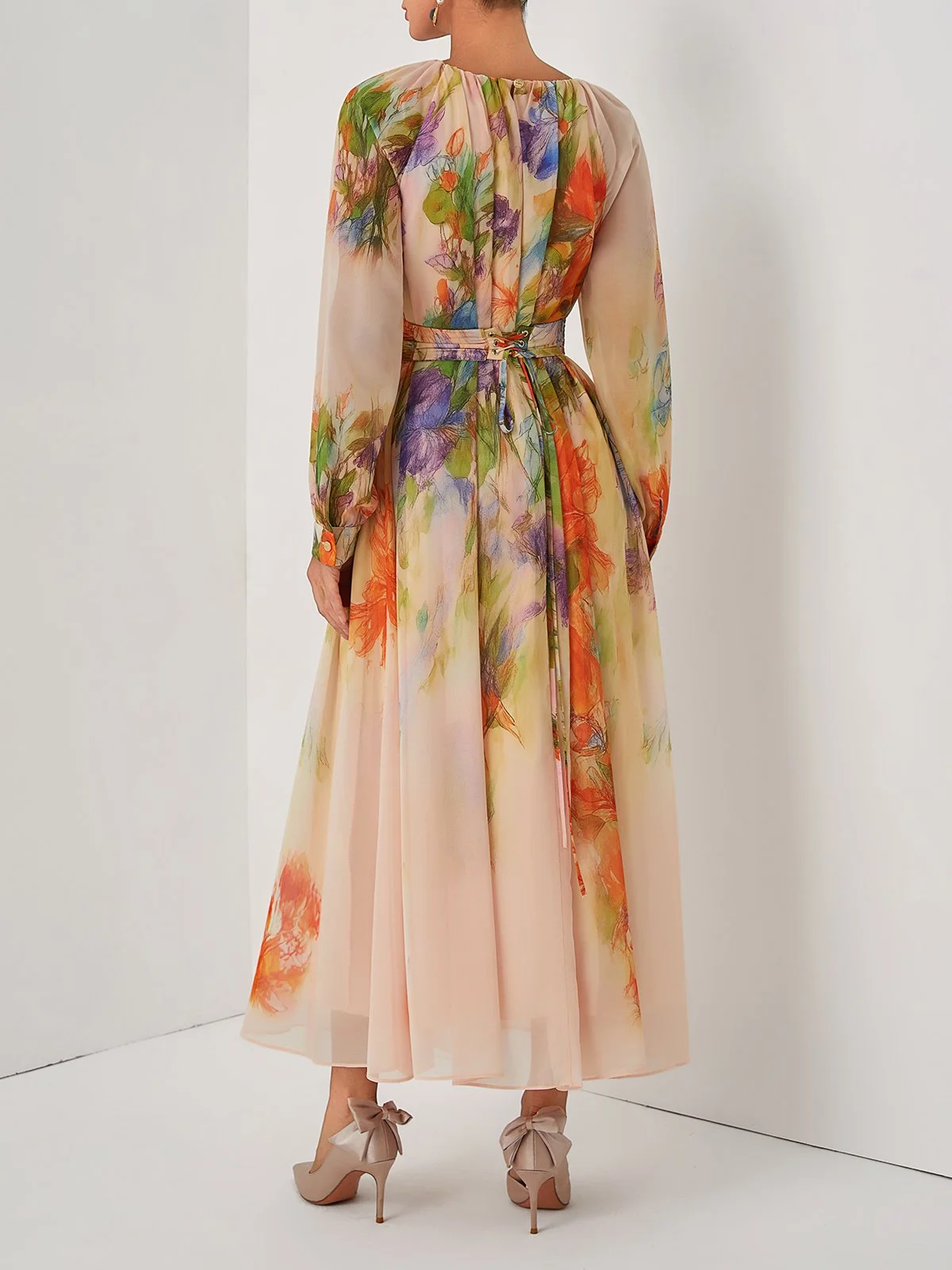 Pink Floral Ruched Chiffon Crew Neck Long Sleeve Puff Sleeve A-Line Maxi Dress