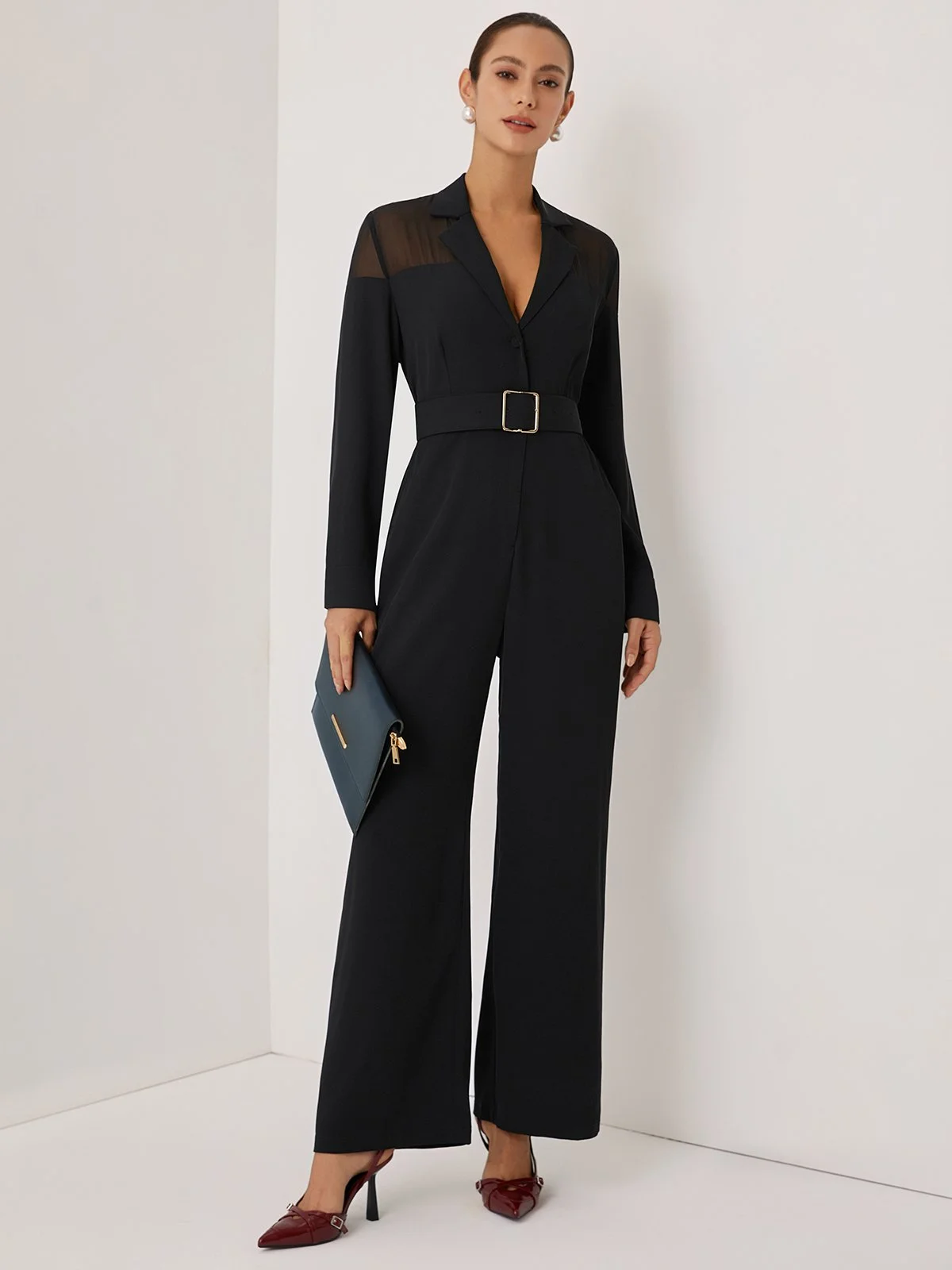 Women Black Mesh Lapel Collar Long Sleeve Dressy Jumpsuit