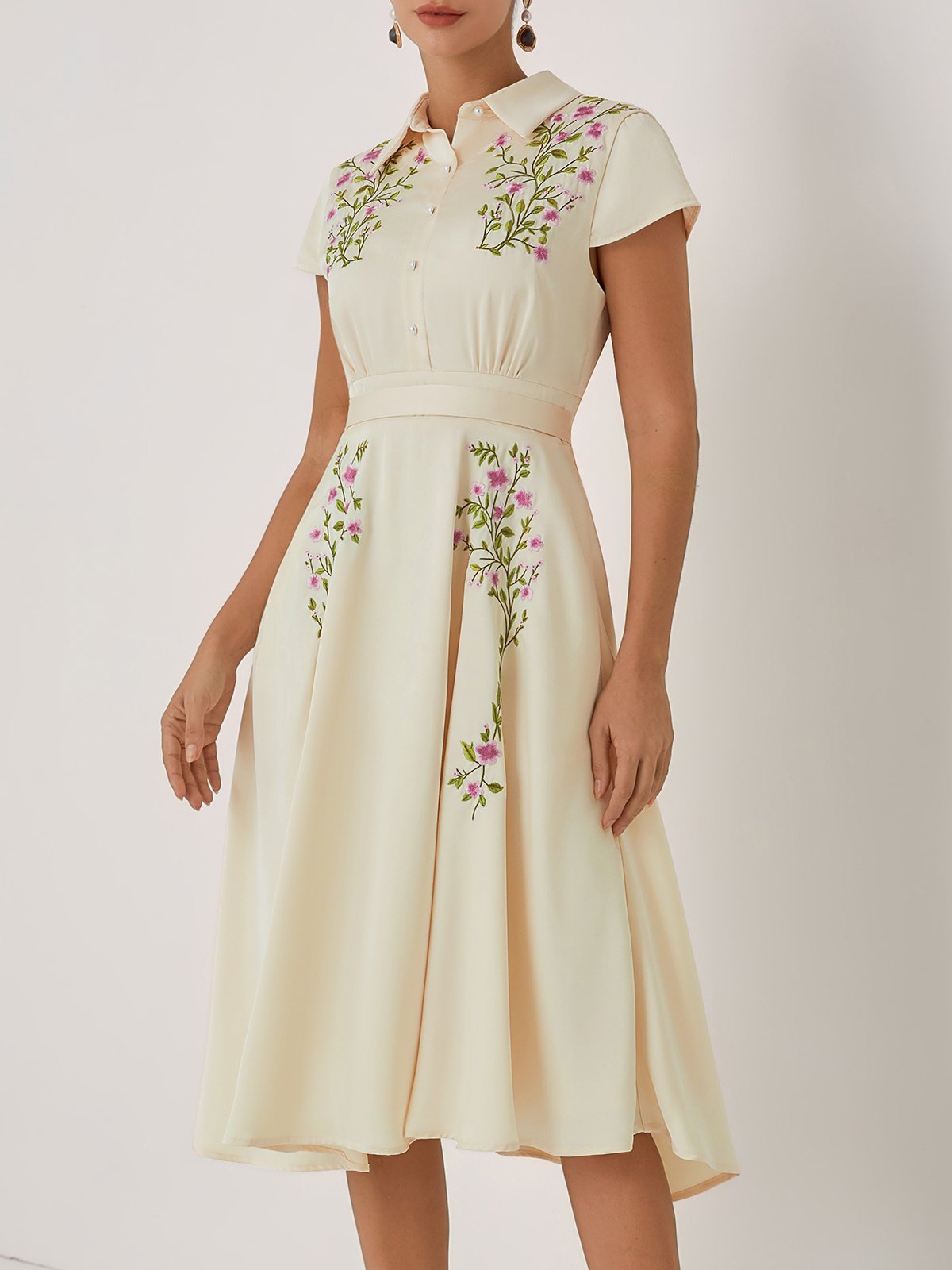 Apricot Embroidery Floral Classic Shirt Collar Cap Sleeve A-Line Midi Dress
