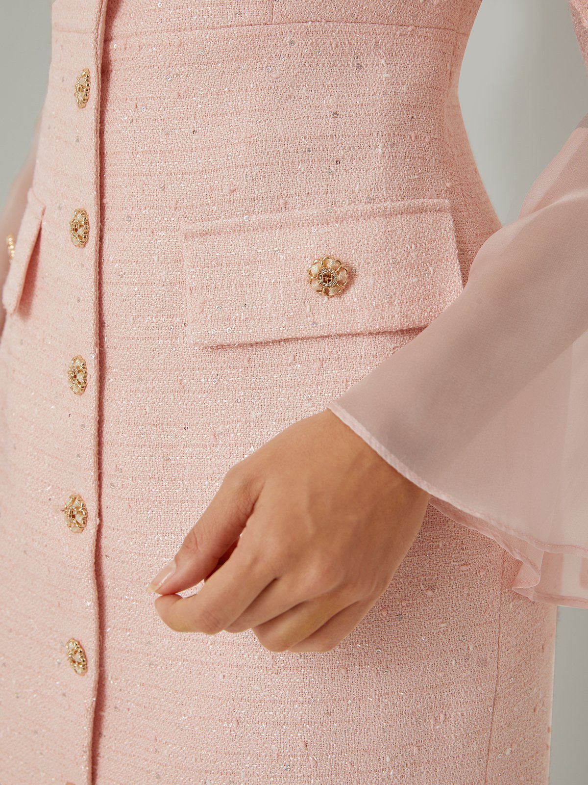 Light Pink Buckle Mesh Tweed Lapel Collar Long Sleeve Bell Sleeve Sheath Midi Dress