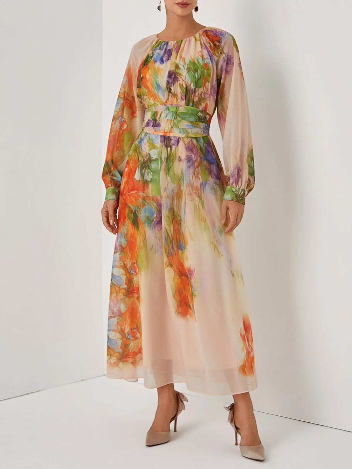 Pink Floral Ruched Chiffon Crew Neck Long Sleeve Puff Sleeve A-Line Maxi Dress