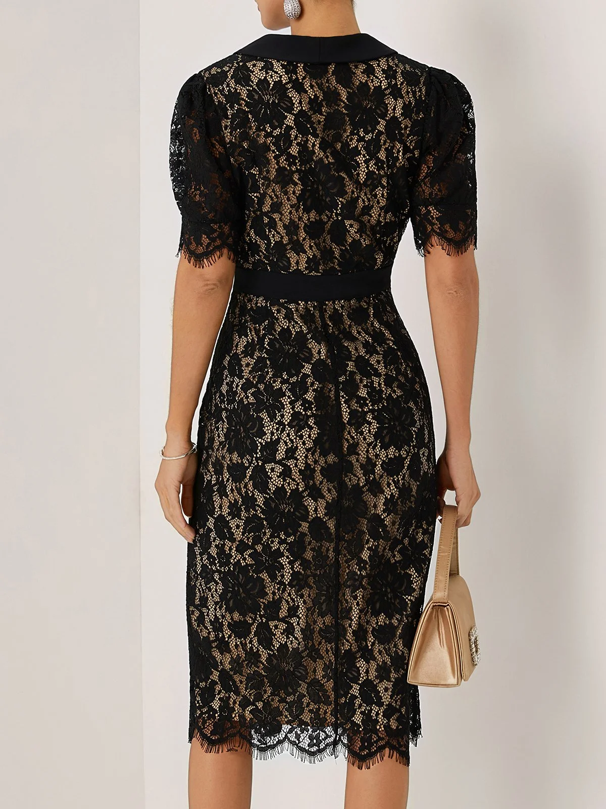 Black Buckle Lace Shawl Collar Short Sleeve Puff Sleeve Sheath Midi Dress