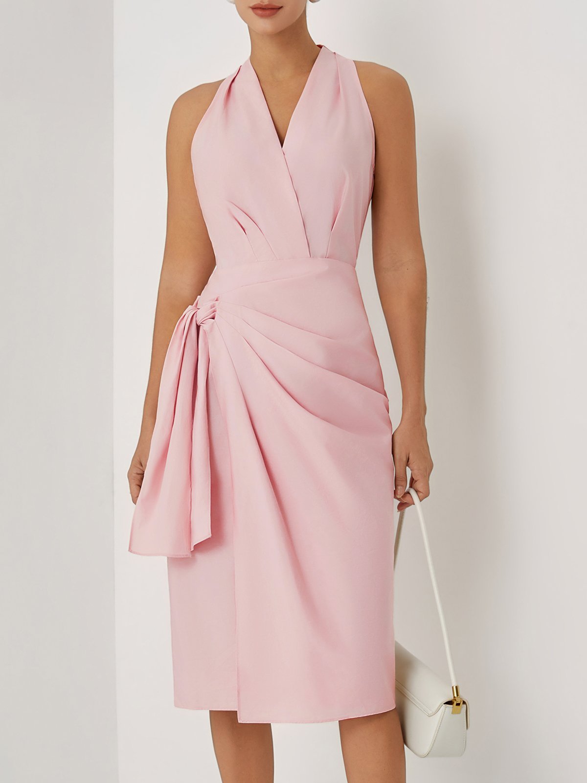Pink Bow Cotton Halter Sleeveless Sheath Midi Dress