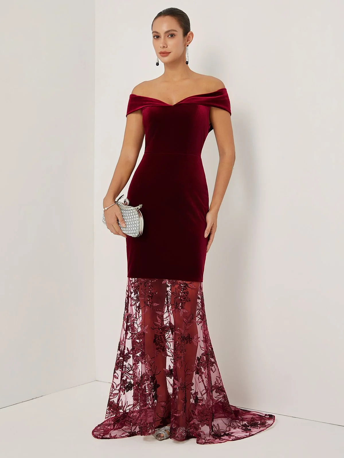 Wine Red Beaded Lace Velvet Off The Shoulder Short Sleeve Mermaid Gown Dress