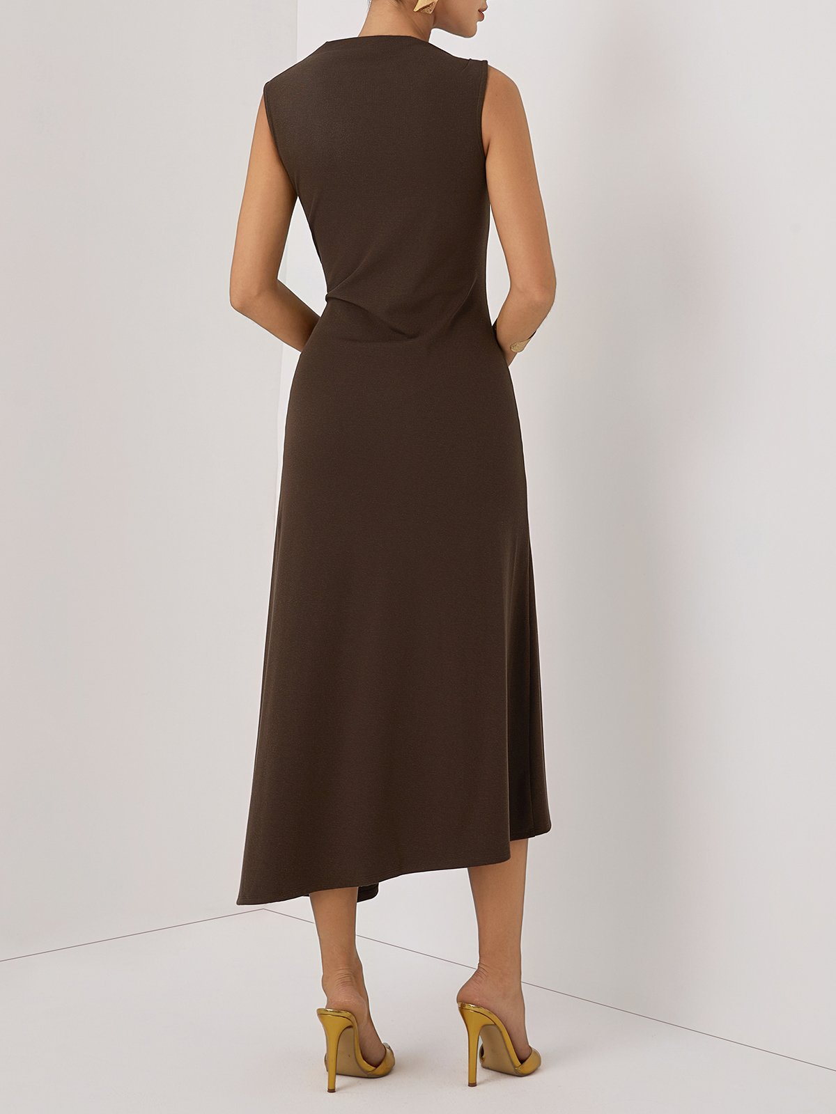 Brown Buckle Ruched Cotton Knit Asymmetrical Sleeveless A-Line Maxi Dress