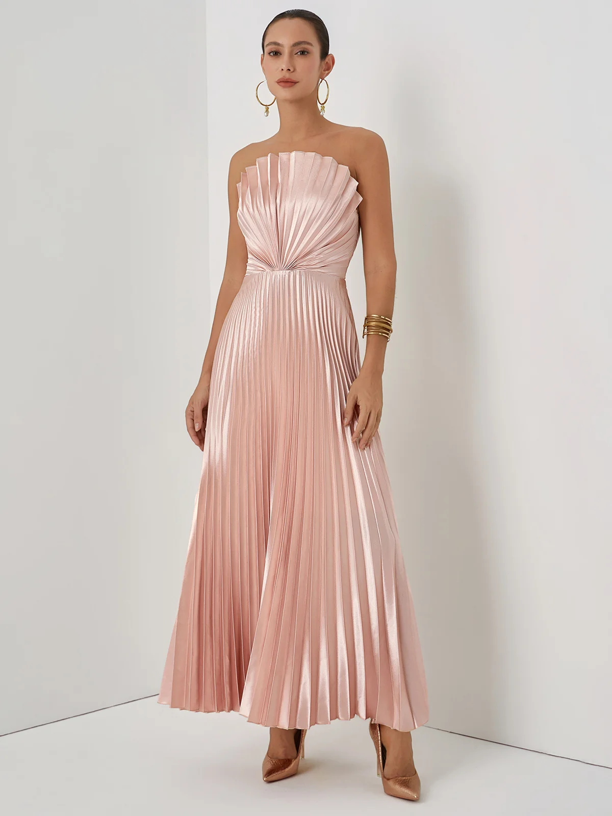 Rose Gold Pleated Satin Strapless Sleeveless A-Line Midi Dress