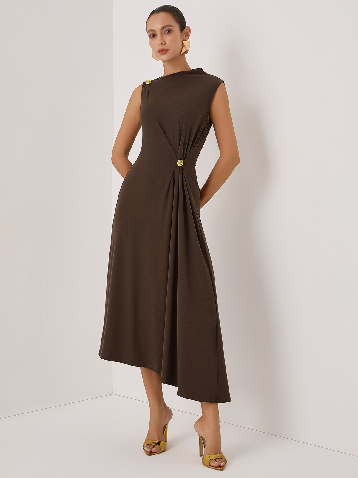 Brown Buckle Ruched Cotton Knit Asymmetrical Sleeveless A-Line Maxi Dress