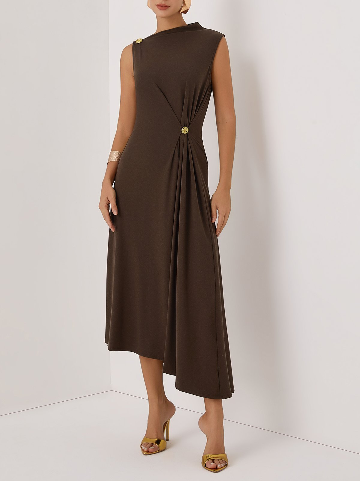 Brown Buckle Ruched Cotton Knit Asymmetrical Sleeveless A-Line Maxi Dress