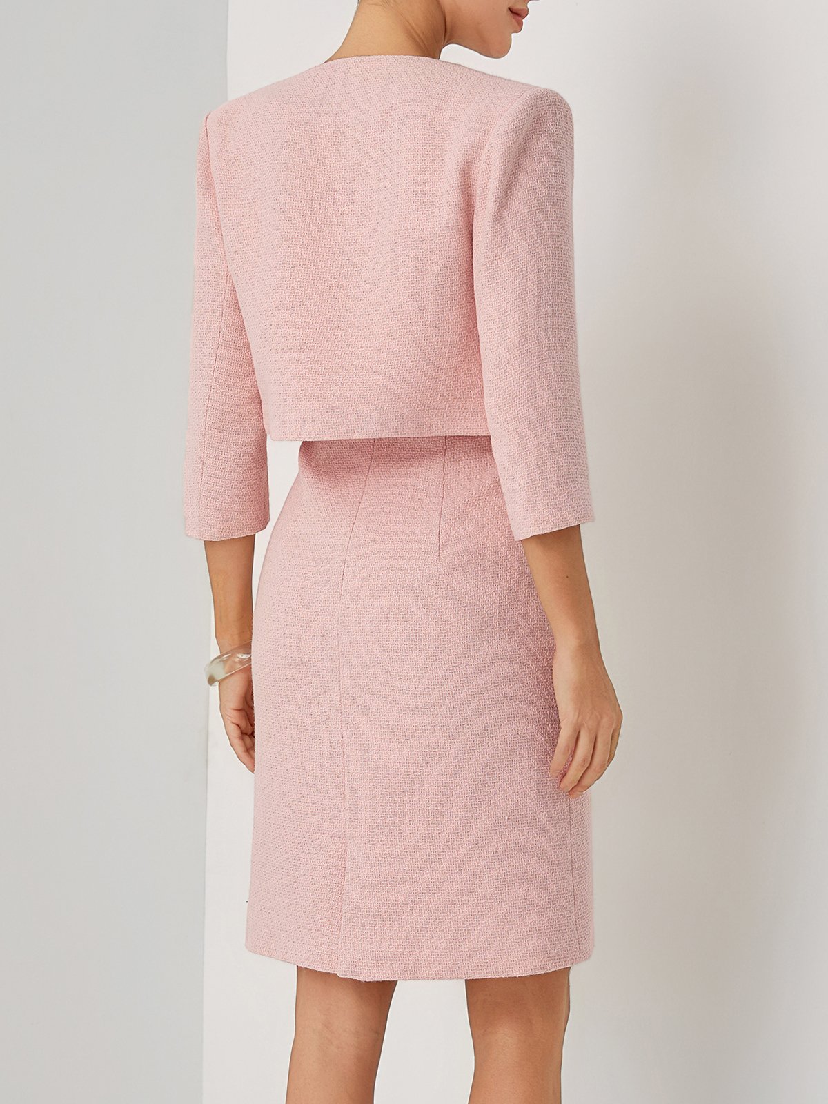 Women Pink Buckle Crew Neck Half Sleeve Dressy Dress With Coat Two-Piece Set