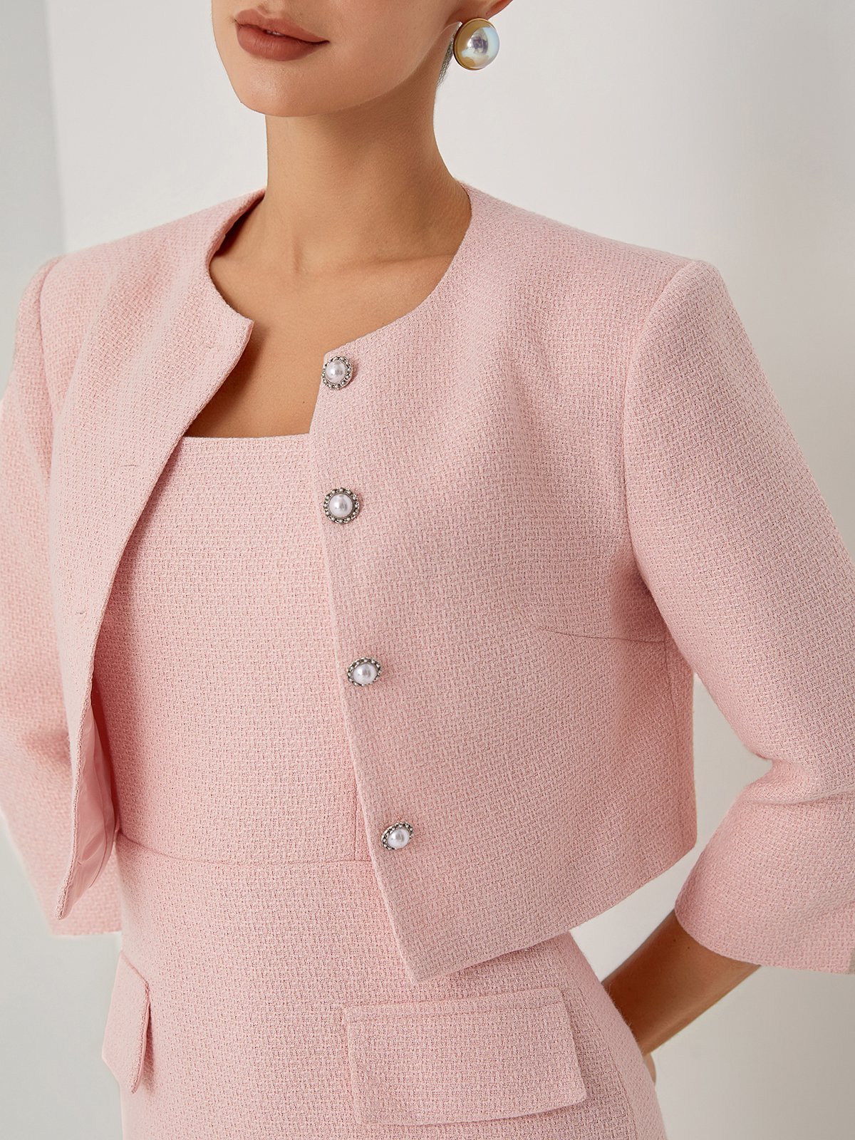 Women Pink Buckle Crew Neck Half Sleeve Dressy Dress With Coat Two-Piece Set