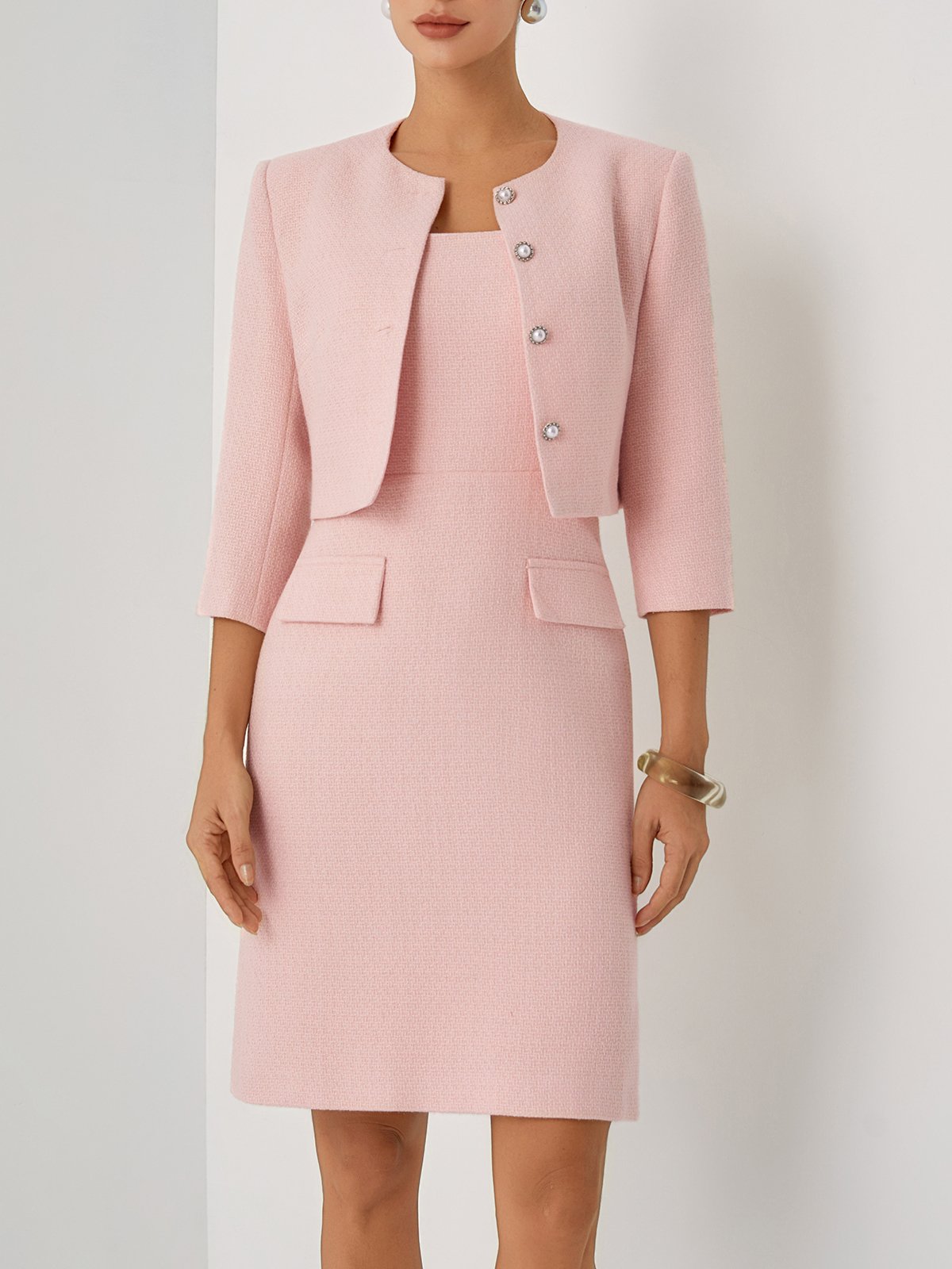 Women Pink Buckle Crew Neck Half Sleeve Dressy Dress With Coat Two-Piece Set