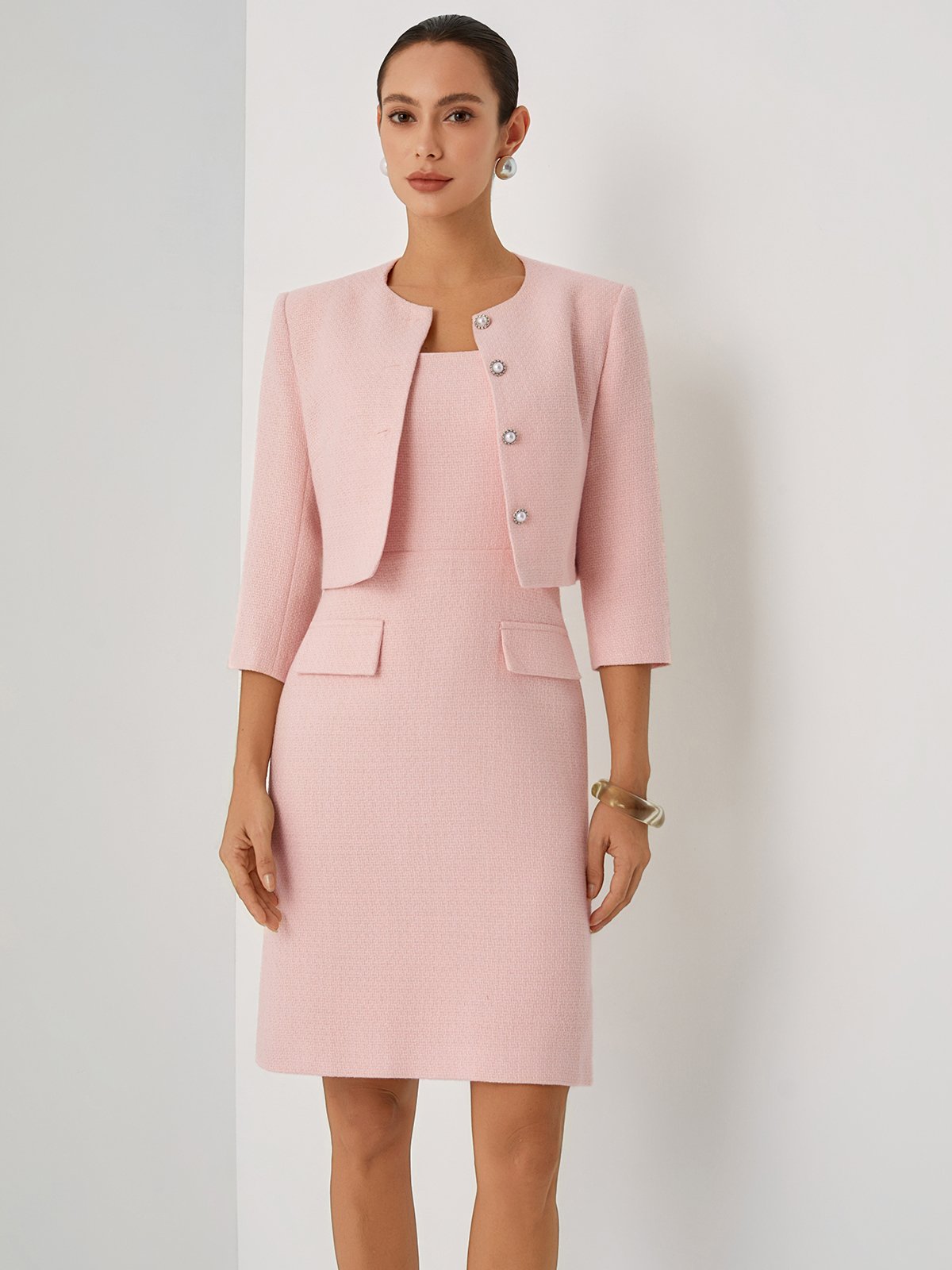 Women Pink Buckle Crew Neck Half Sleeve Dressy Dress With Coat Two-Piece Set