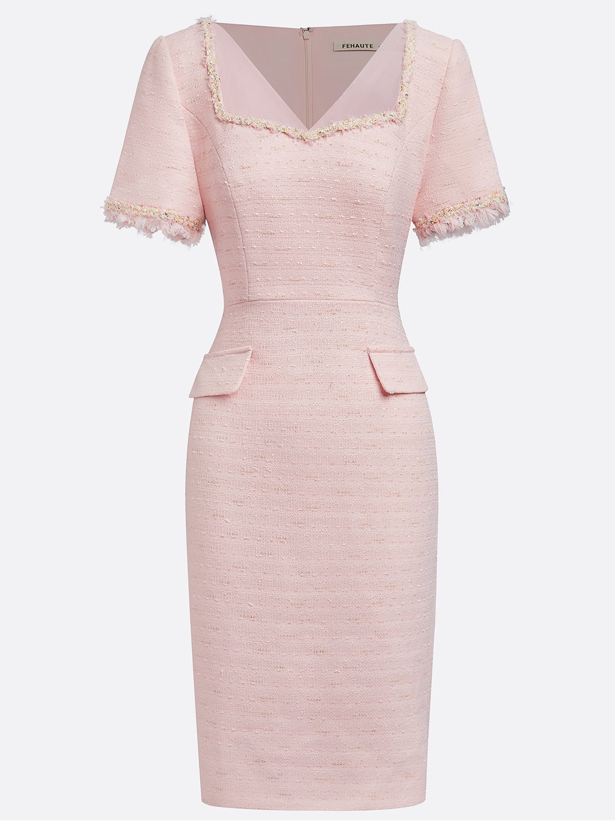 Pink Tweed Sweetheart Neckline Short Sleeve Sheath Midi Dress