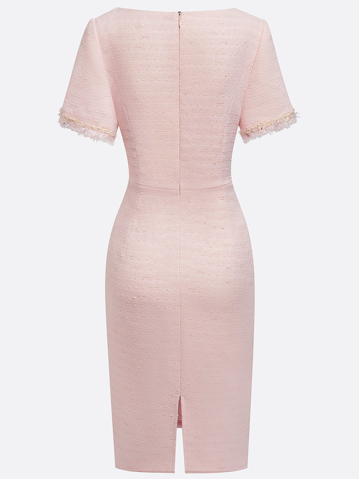 Pink Tweed Sweetheart Neckline Short Sleeve Sheath Midi Dress