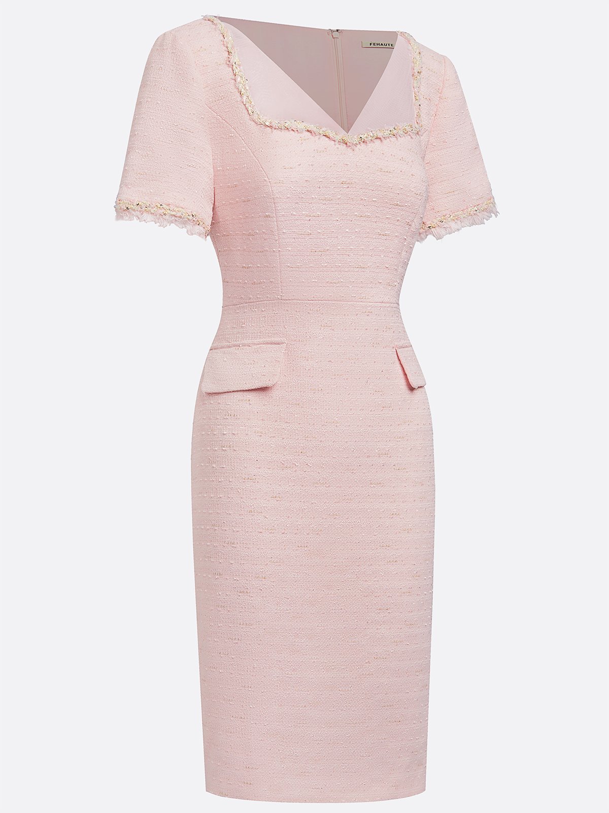Pink Tweed Sweetheart Neckline Short Sleeve Sheath Midi Dress