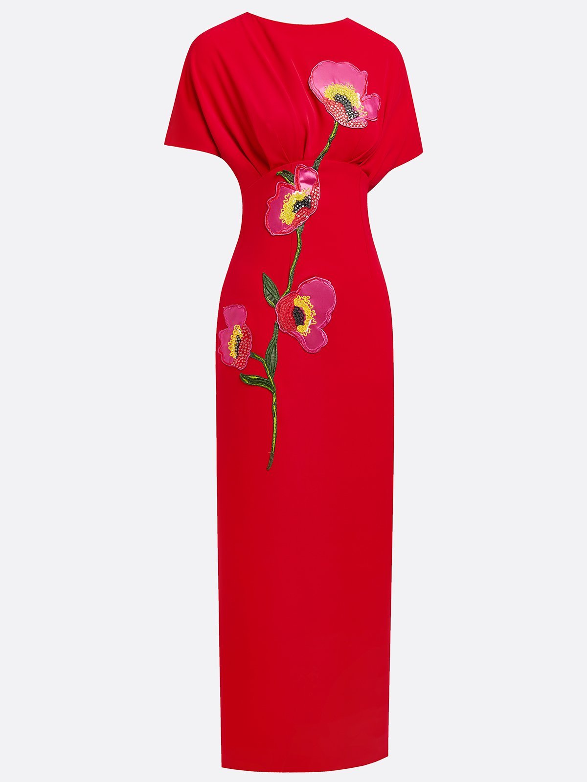 Red Applique Boat Neck Short Sleeve Backless Sheath Maxi Dress