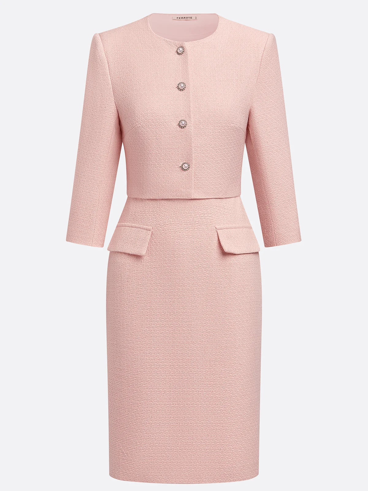 Women Tweed Pink Buckle Crew Neck Half Sleeve Dressy Coat With Dress Two-Piece Dress