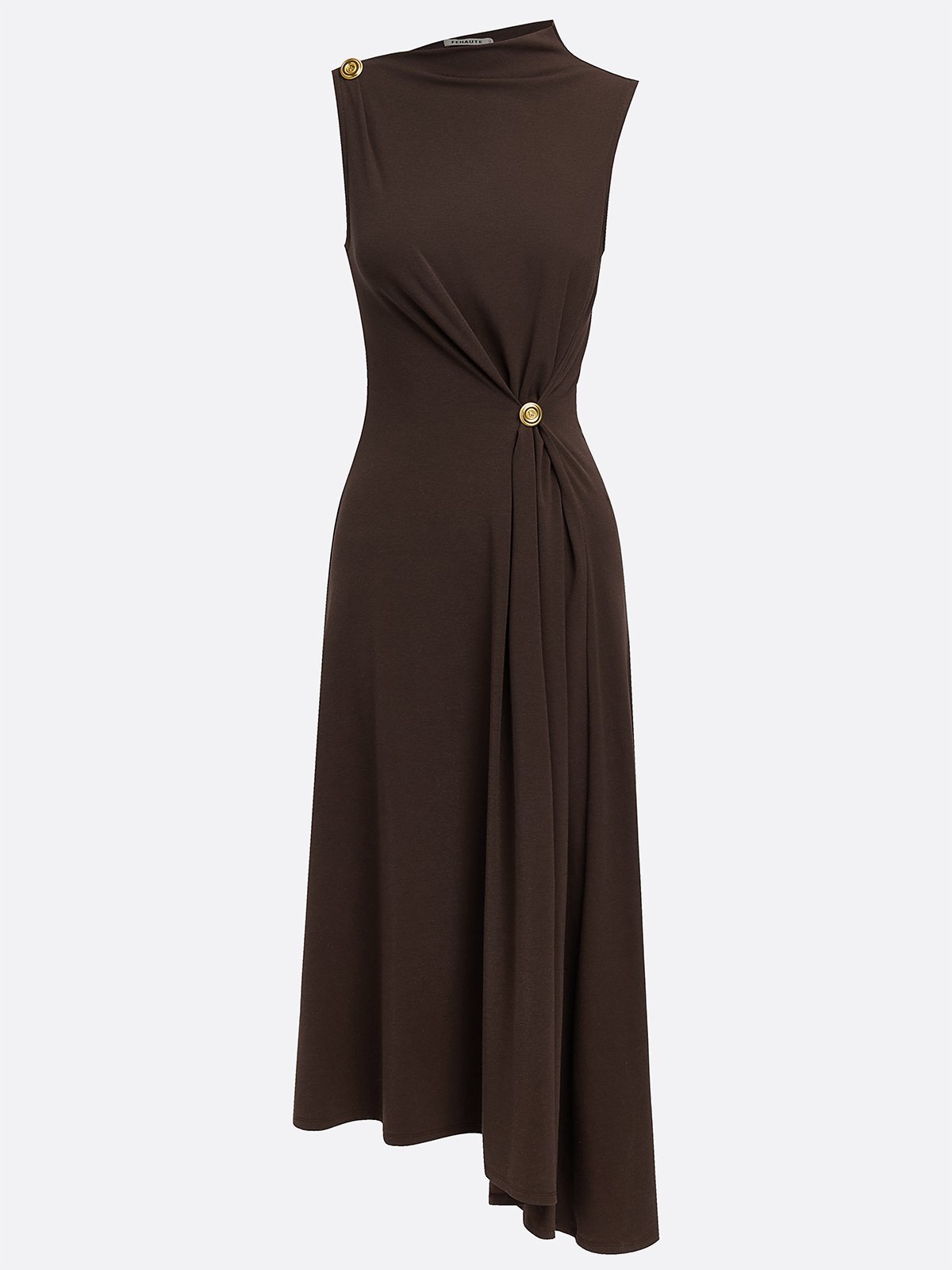 Brown Buckle Ruched Cotton Knit Asymmetrical Sleeveless A-Line Maxi Dress