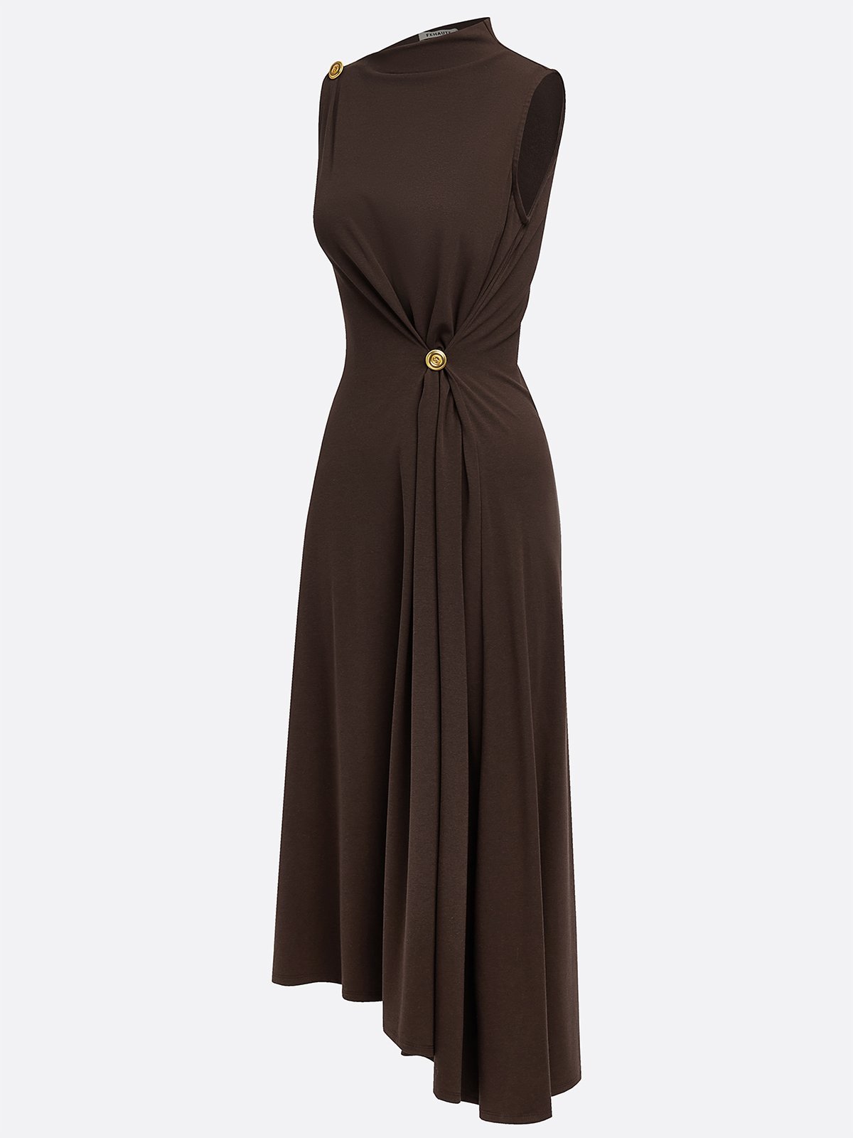 Brown Buckle Ruched Cotton Knit Asymmetrical Sleeveless A-Line Maxi Dress
