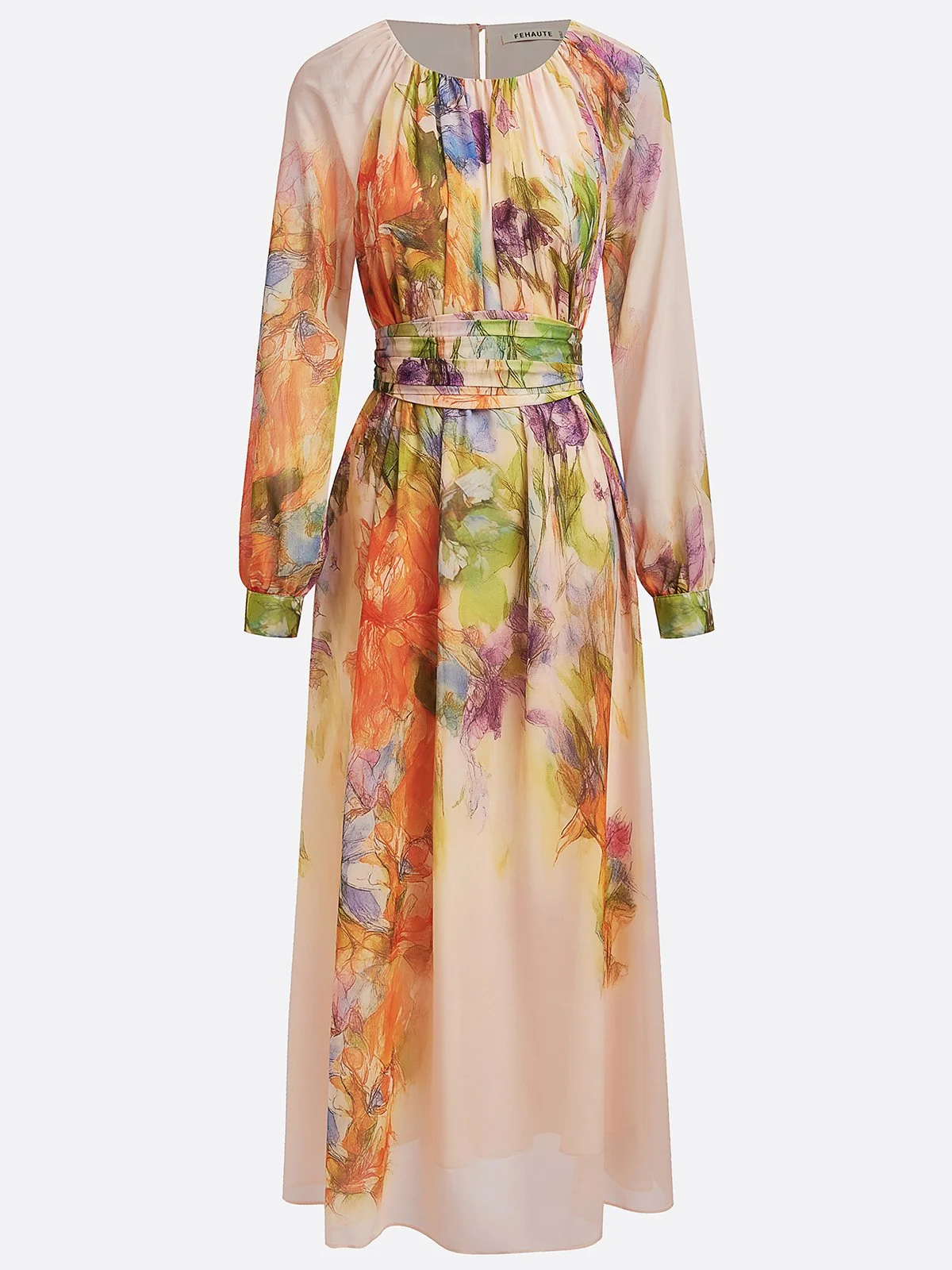Pink Floral Ruched Chiffon Crew Neck Long Sleeve Puff Sleeve A-Line Maxi Dress