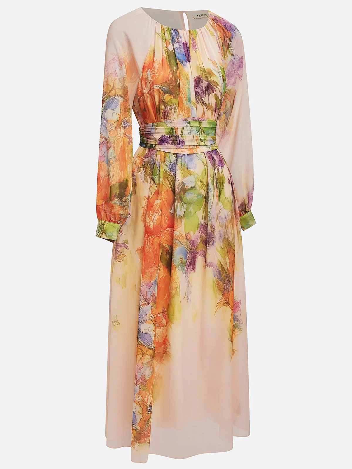 Pink Floral Ruched Chiffon Crew Neck Long Sleeve Puff Sleeve A-Line Maxi Dress
