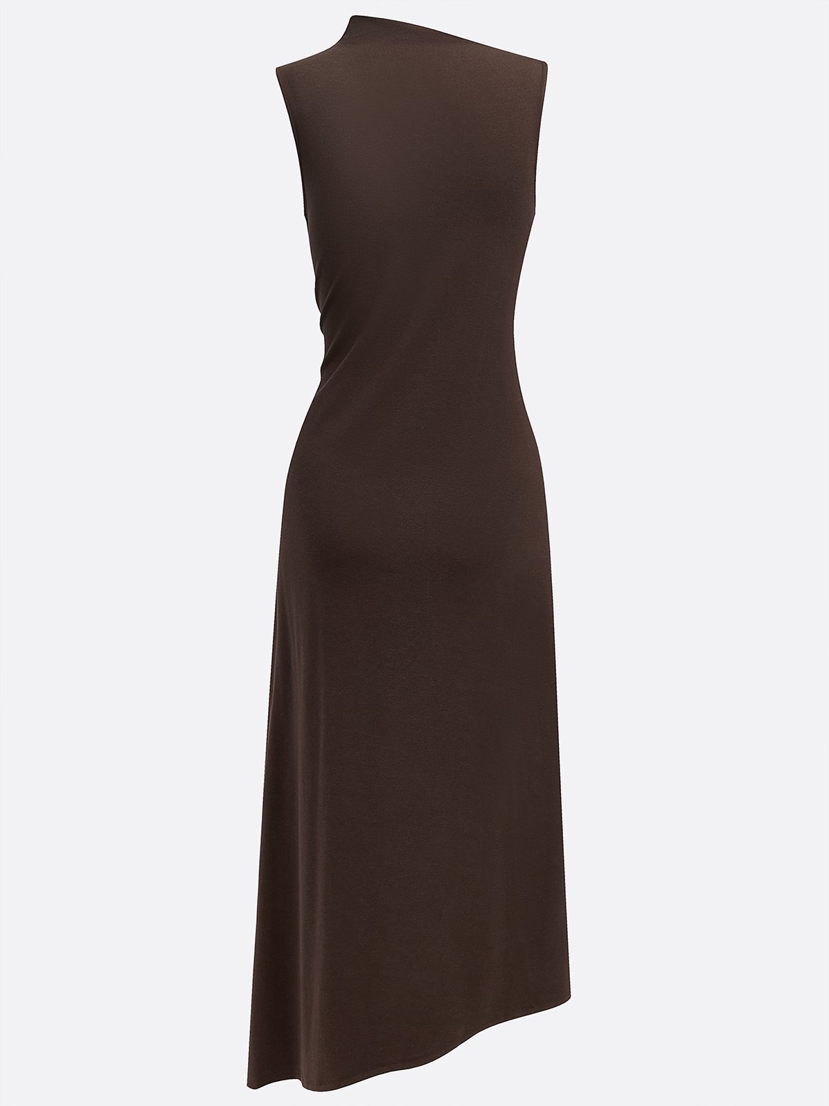 Brown Buckle Ruched Cotton Knit Asymmetrical Sleeveless A-Line Maxi Dress