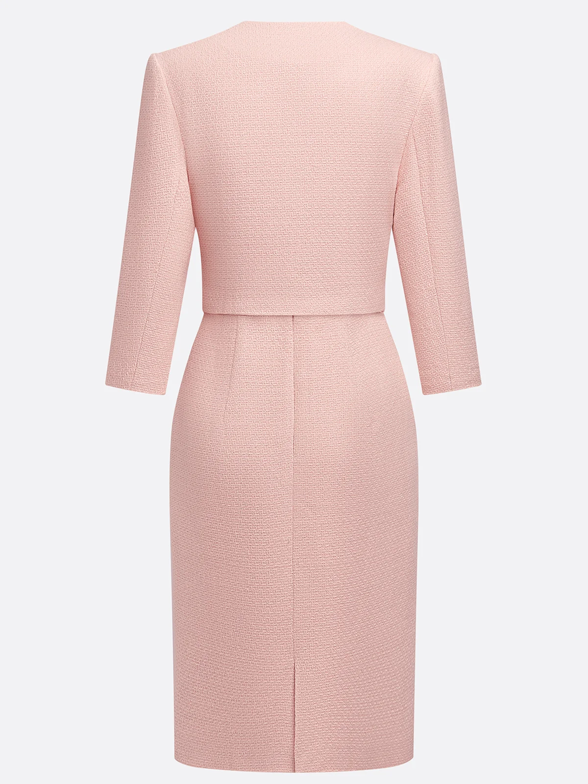 Women Tweed Pink Buckle Crew Neck Half Sleeve Dressy Coat With Dress Two-Piece Dress