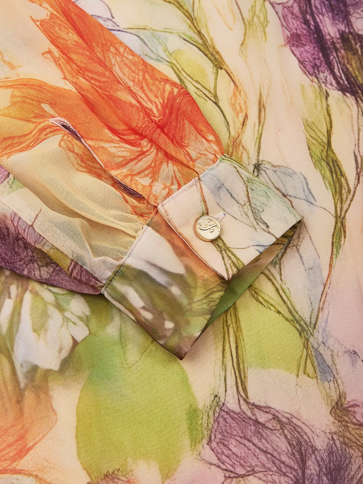 Pink Floral Ruched Chiffon Crew Neck Long Sleeve Puff Sleeve A-Line Maxi Dress