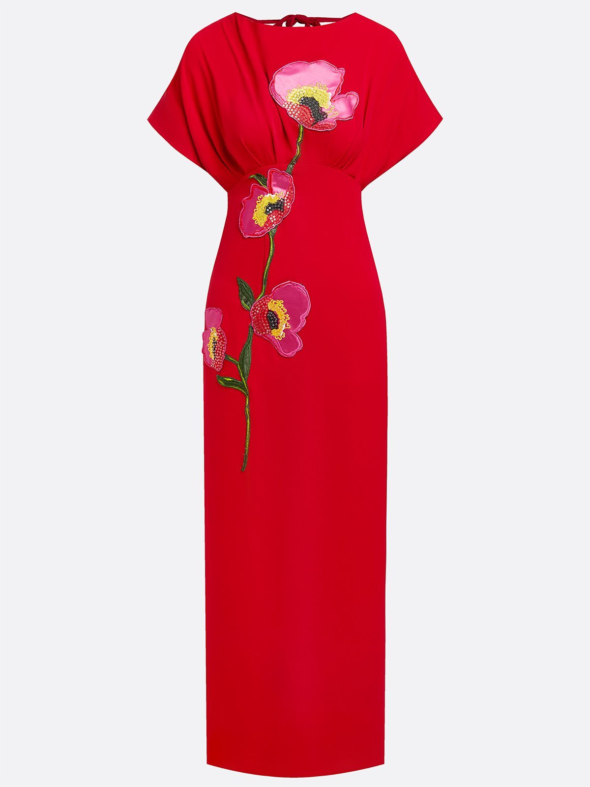 Red Applique Boat Neck Short Sleeve Backless Sheath Maxi Dress