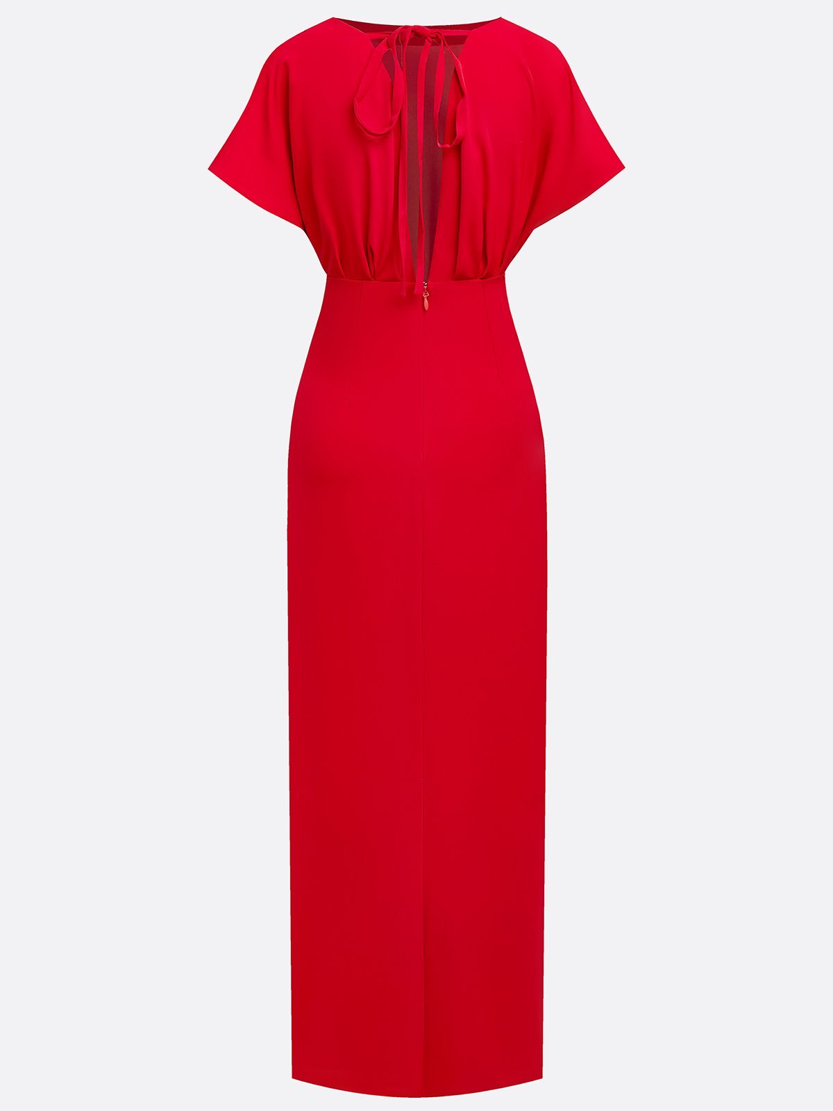 Red Applique Boat Neck Short Sleeve Backless Sheath Maxi Dress