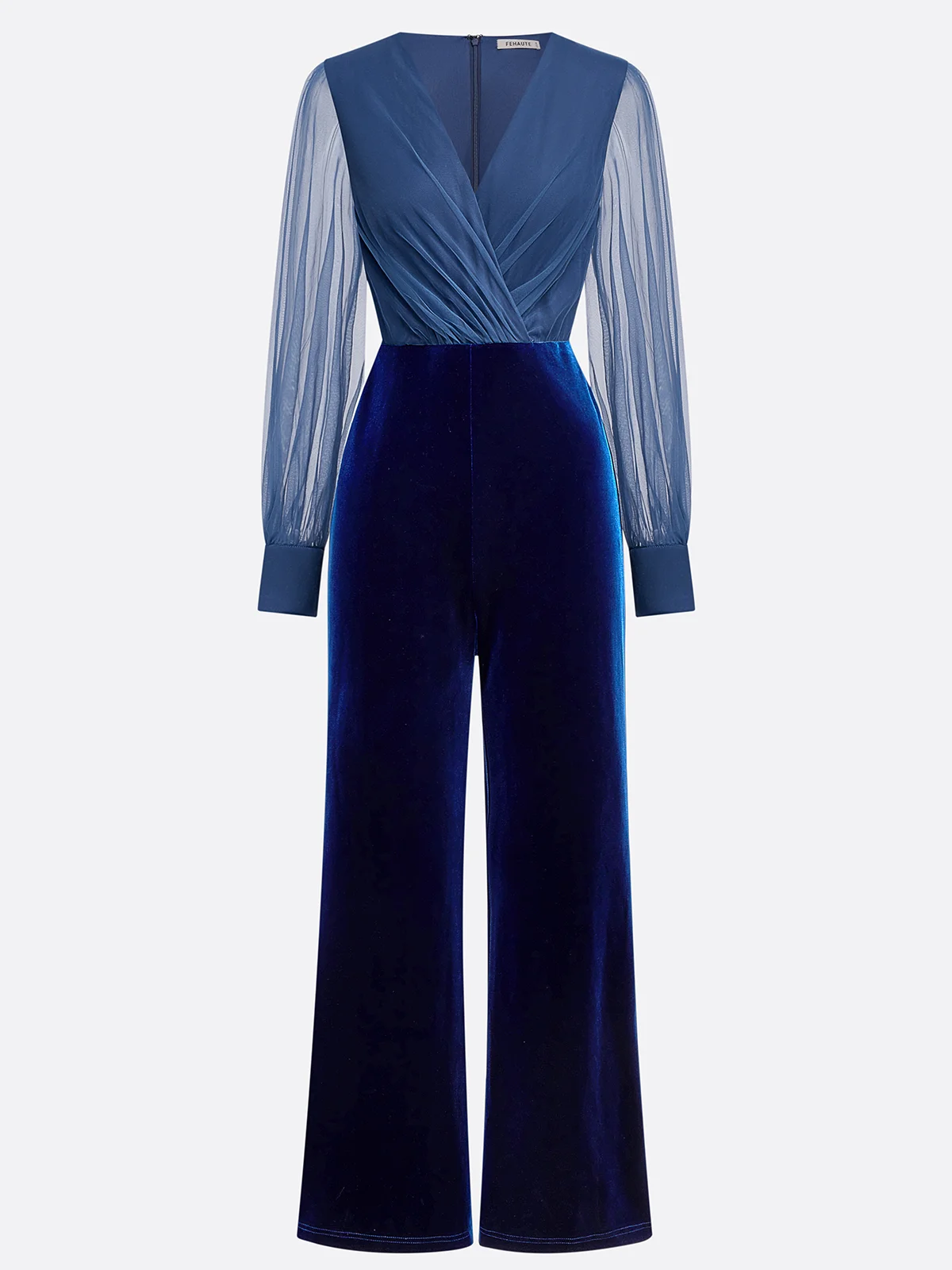 Women  Royal Blue Mesh  V Neck Long Sleeve Velvet Jumpsuit