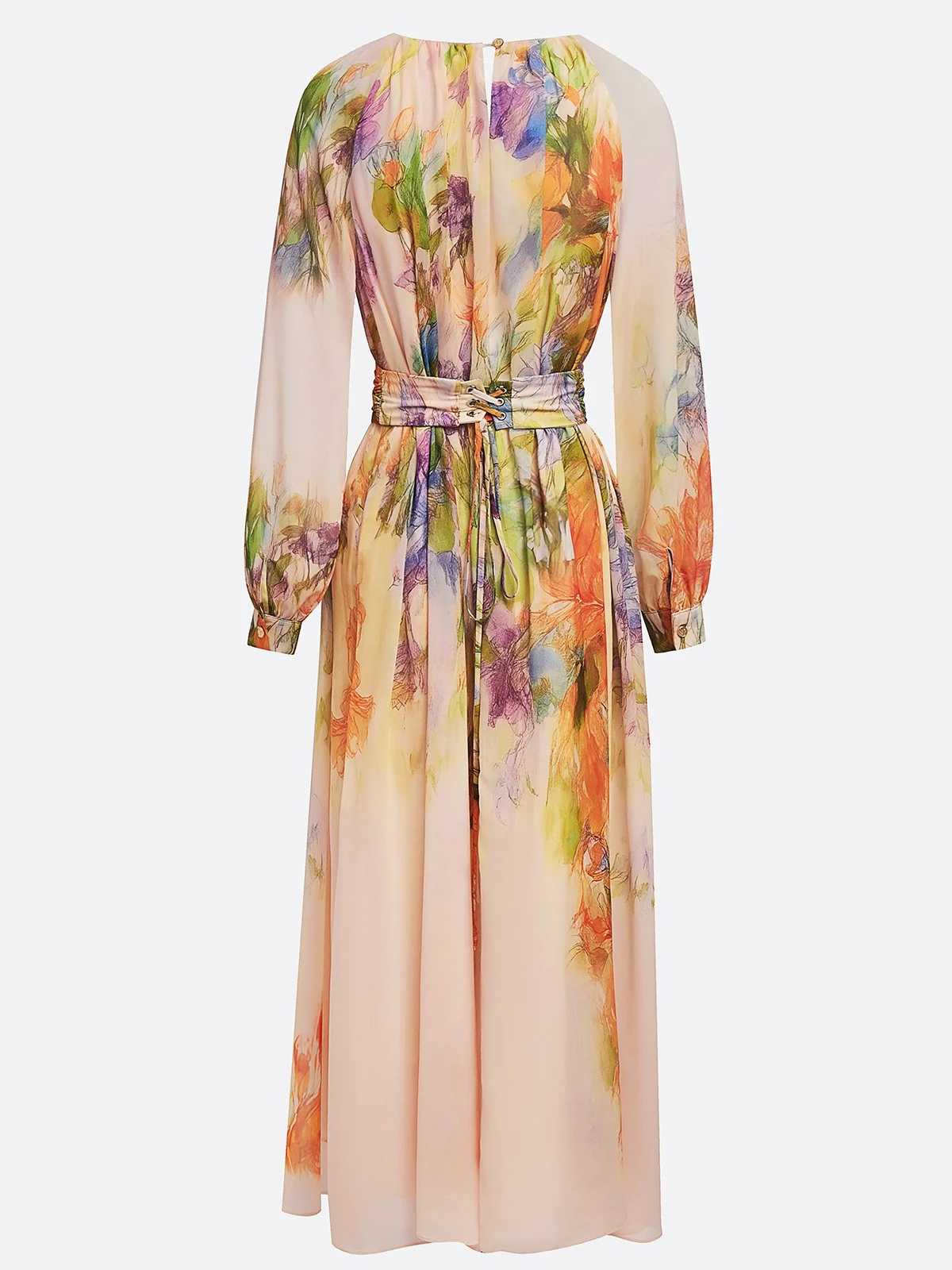 Pink Floral Ruched Chiffon Crew Neck Long Sleeve Puff Sleeve A-Line Maxi Dress