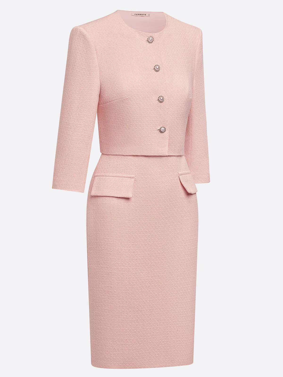 Women Tweed Pink Buckle Crew Neck Half Sleeve Dressy Coat With Dress Two-Piece Dress