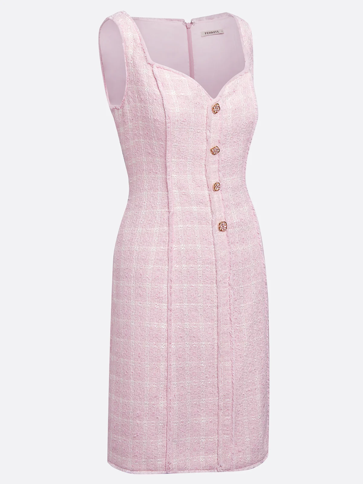 Pink Webbing Buckle Tweed Spaghetti Sleeveless A-Line Mini Dress