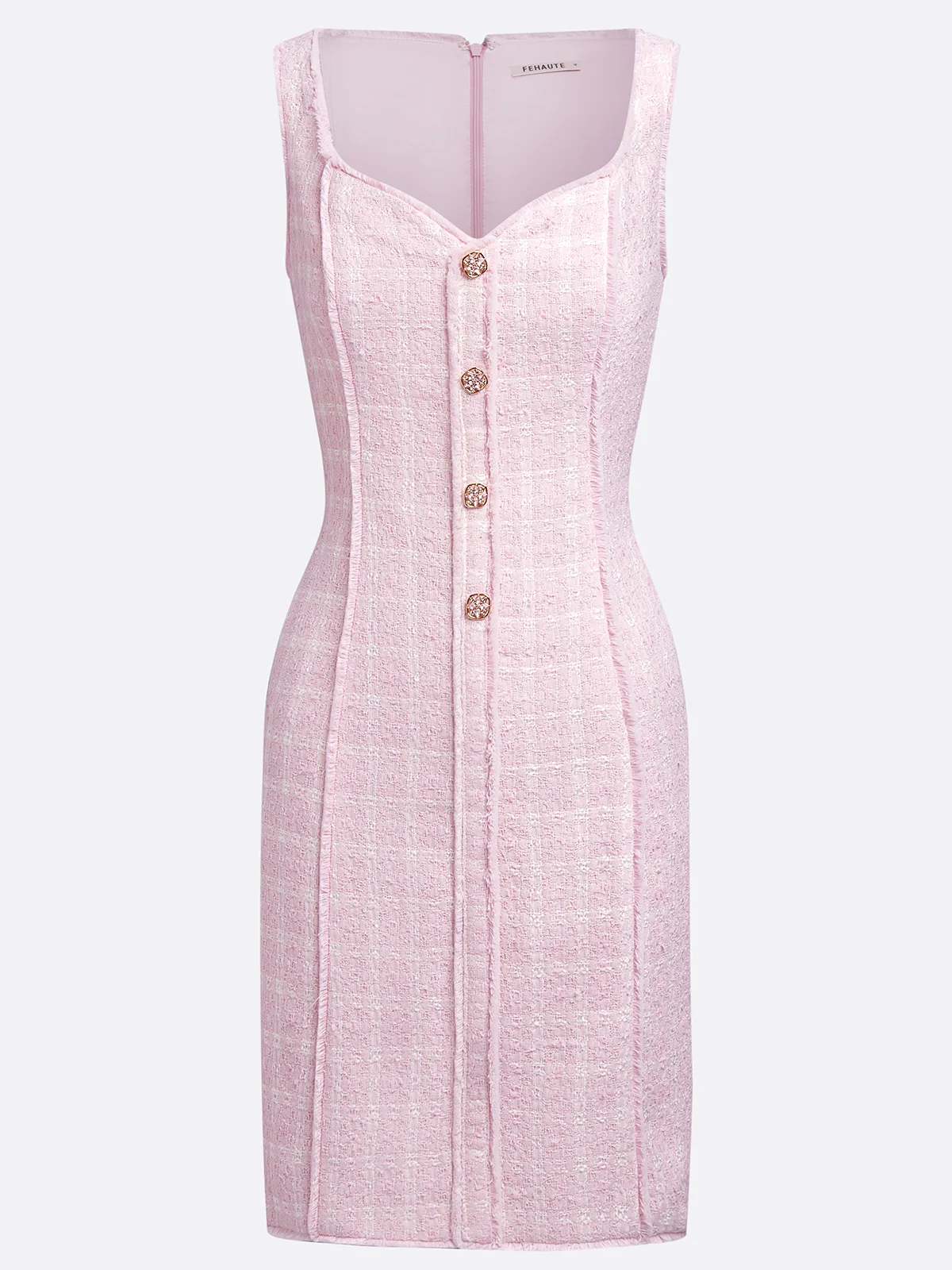 Pink Webbing Buckle Tweed Spaghetti Sleeveless A-Line Mini Dress