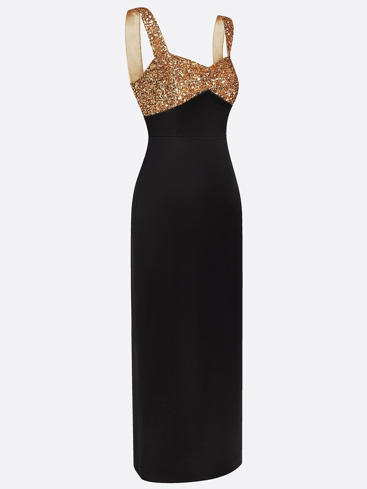 Black Gold Sequin Glitter Satin Spaghetti Gallus Sheath Maxi Dress