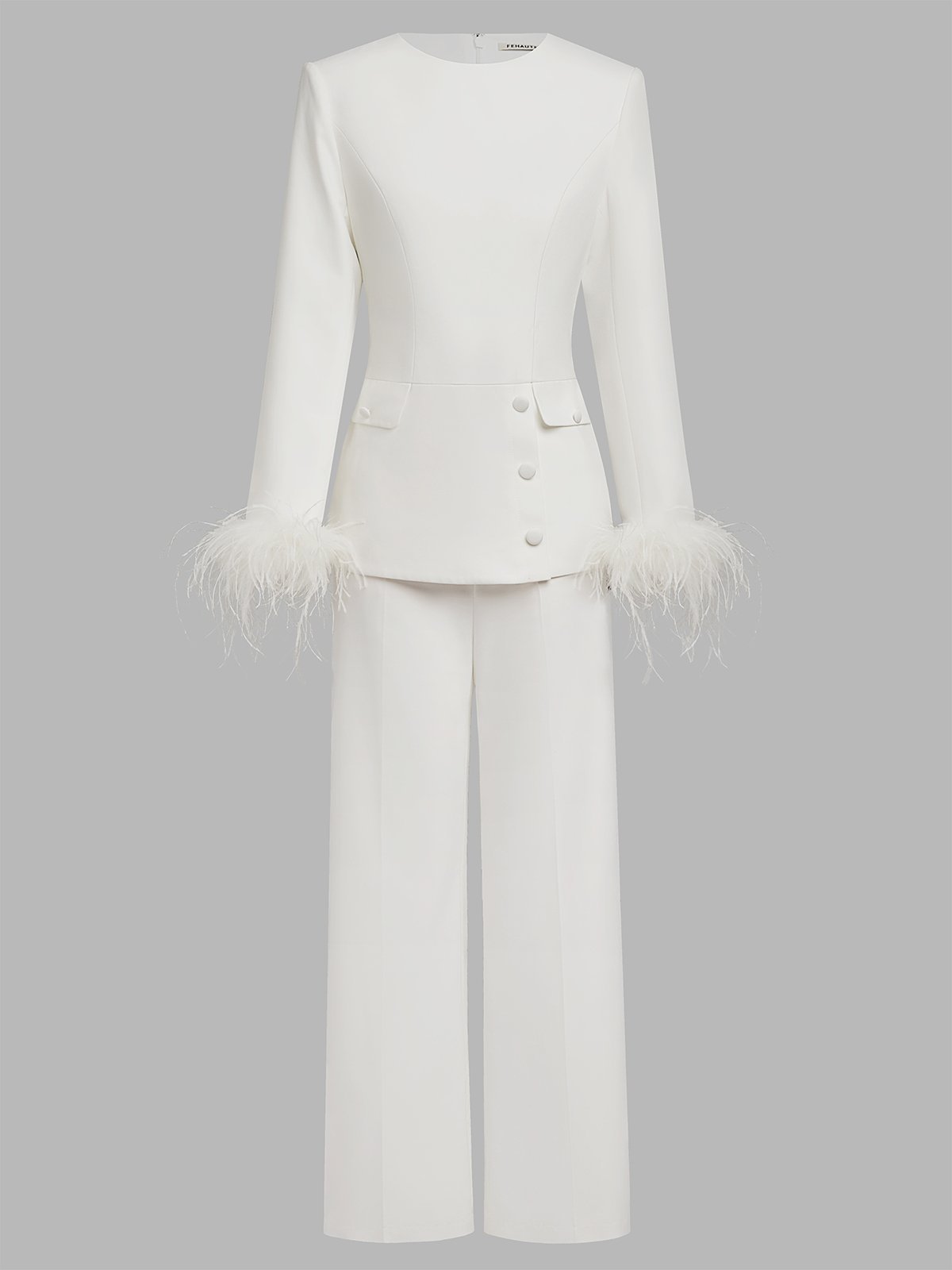 Women White Buckle Feather-trimmed Crew Neck Long Sleeve Dressy Top With Pants Two-Piece Set