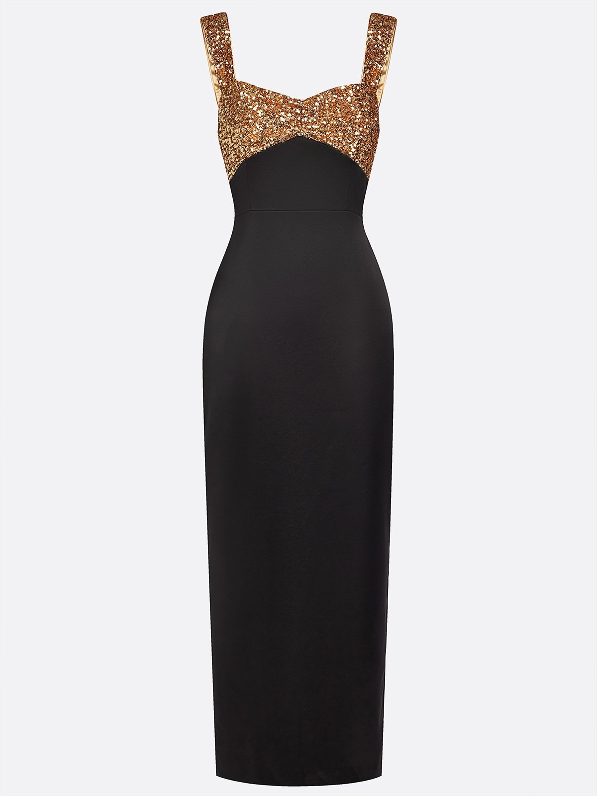 Black Gold Sequin Glitter Satin Spaghetti Gallus Sheath Maxi Dress