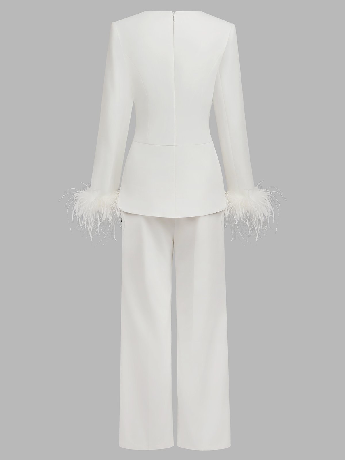 Women White Buckle Feather-trimmed Crew Neck Long Sleeve Dressy Top With Pants Two-Piece Set