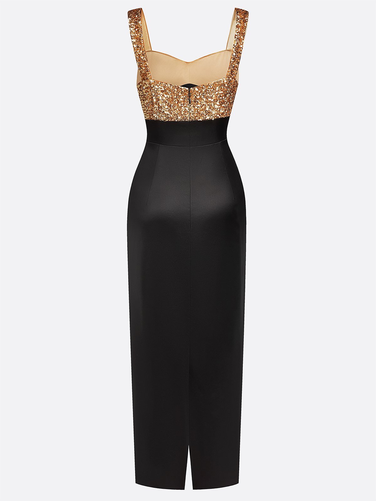 Black Gold Sequin Glitter Satin Spaghetti Gallus Sheath Maxi Dress