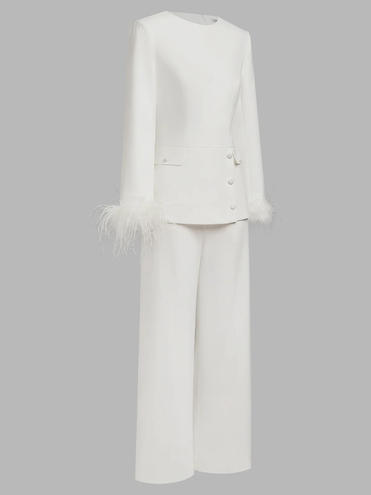Women White Buckle Feather-trimmed Crew Neck Long Sleeve Dressy Top With Pants Two-Piece Set