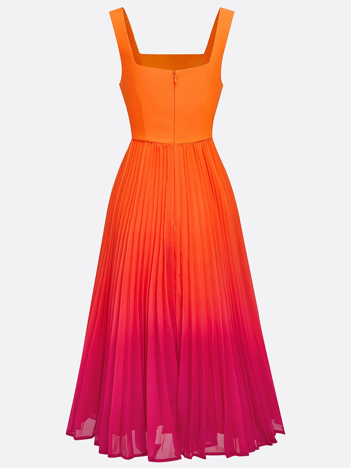 Orange Pleated Ombre Classic Square Neck Sleeveless A-Line Midi Dress