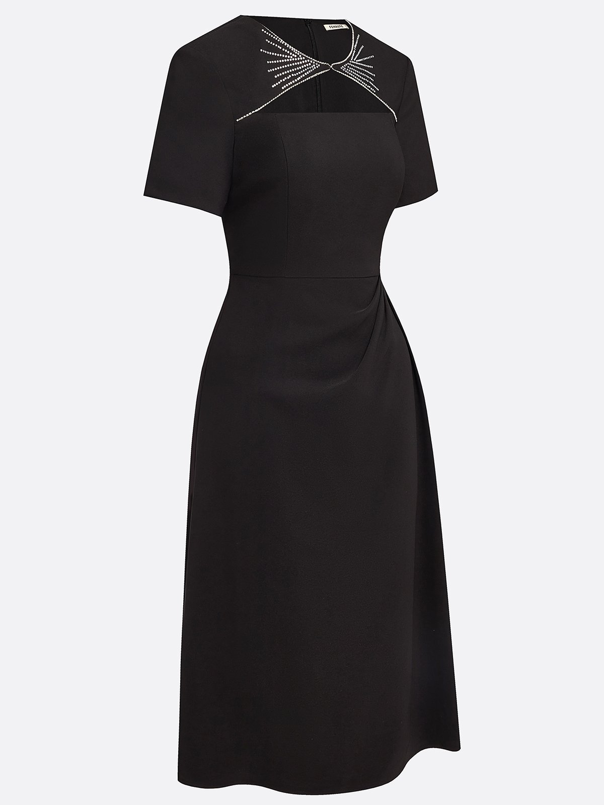 Black Ruched Hotfix Embellished Classic Crew Neck Short Sleeve A-Line Midi Dress