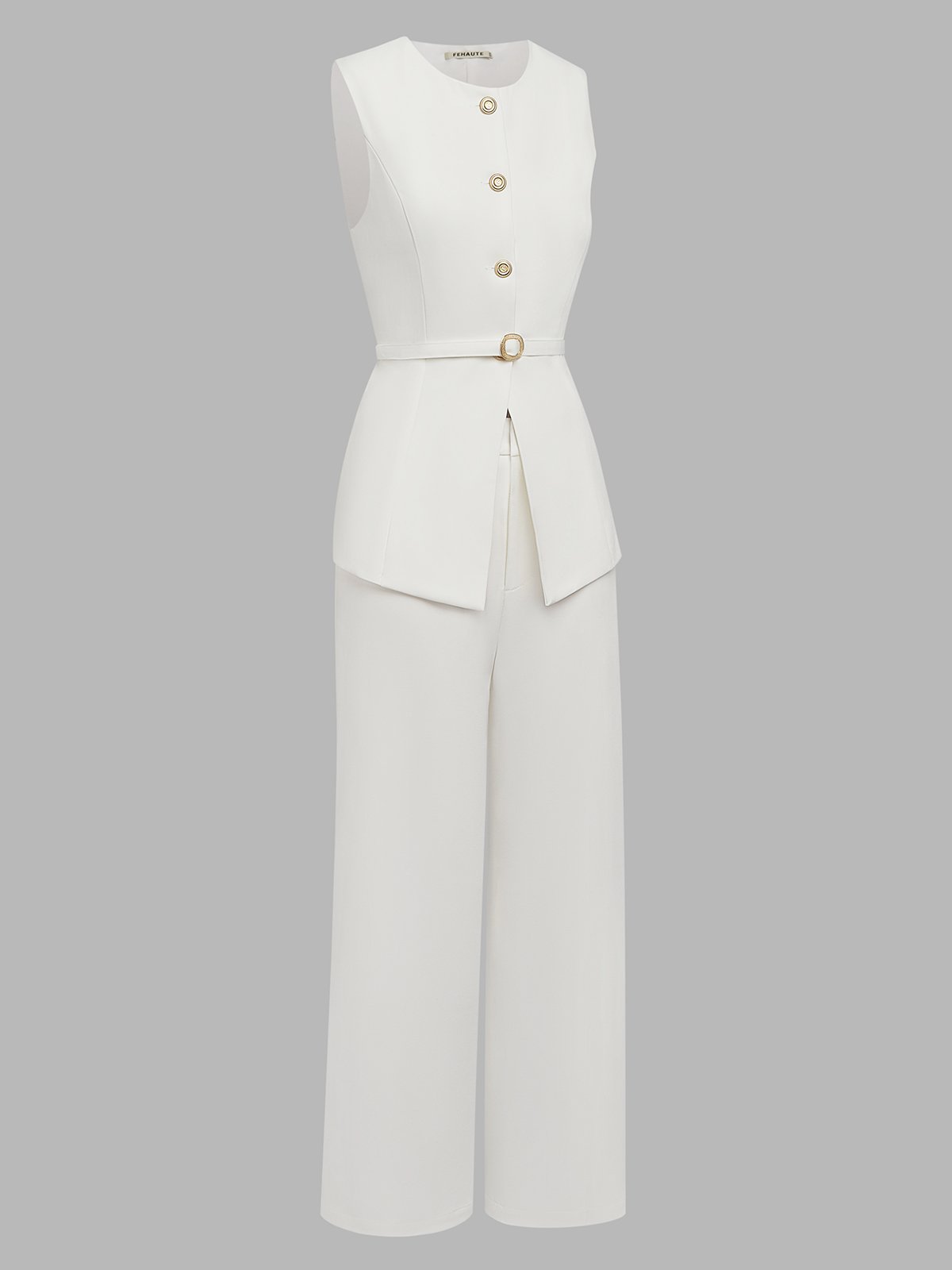 Women White Buckle Crew Neck Sleeveless Top With Pants Two-Piece Set