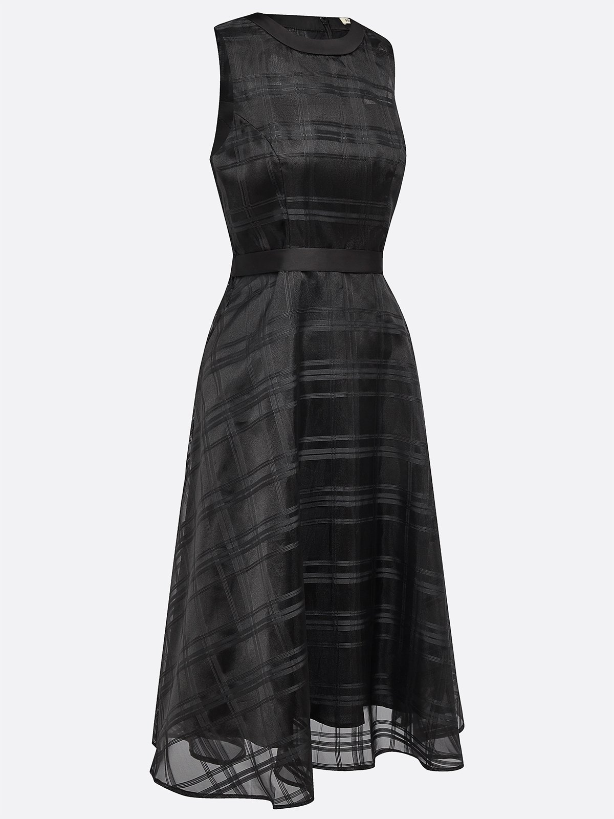 Black Organza Mesh Plaid Classic Crew Neck Sleeveless A-Line Midi Dress