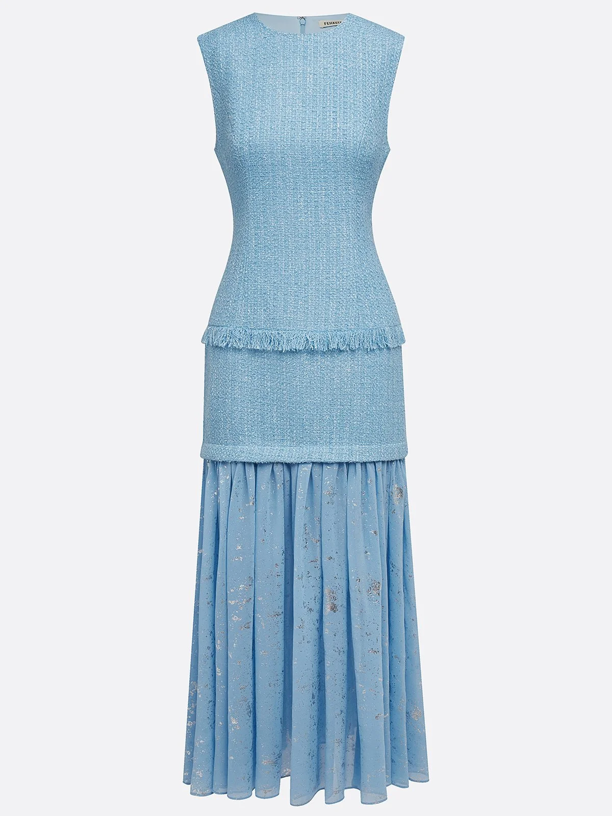 Blue Rhinestone Tassel Tweed Crew Neck Sleeveless A-Line Maxi Dress