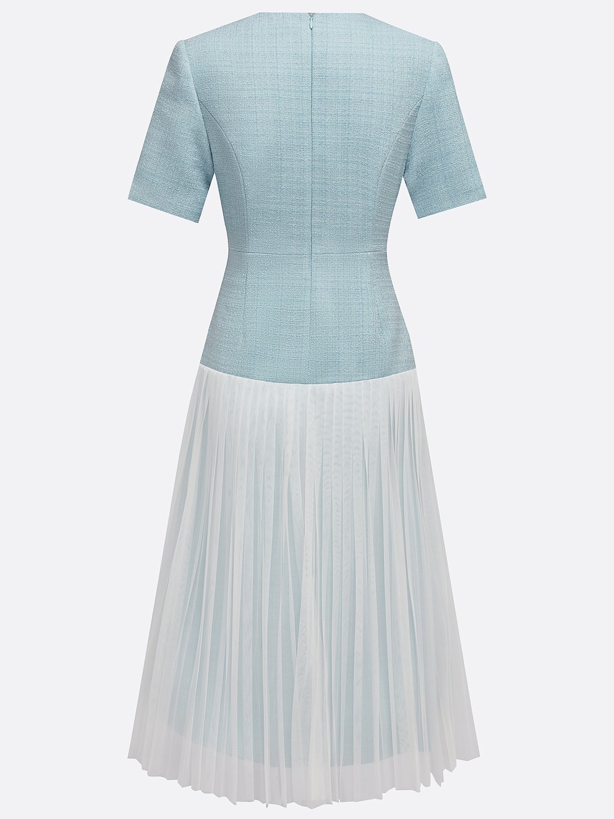 Light Blue Braided Strap Mesh Tweed Crew Neck Short Sleeve A-Line Midi Dress