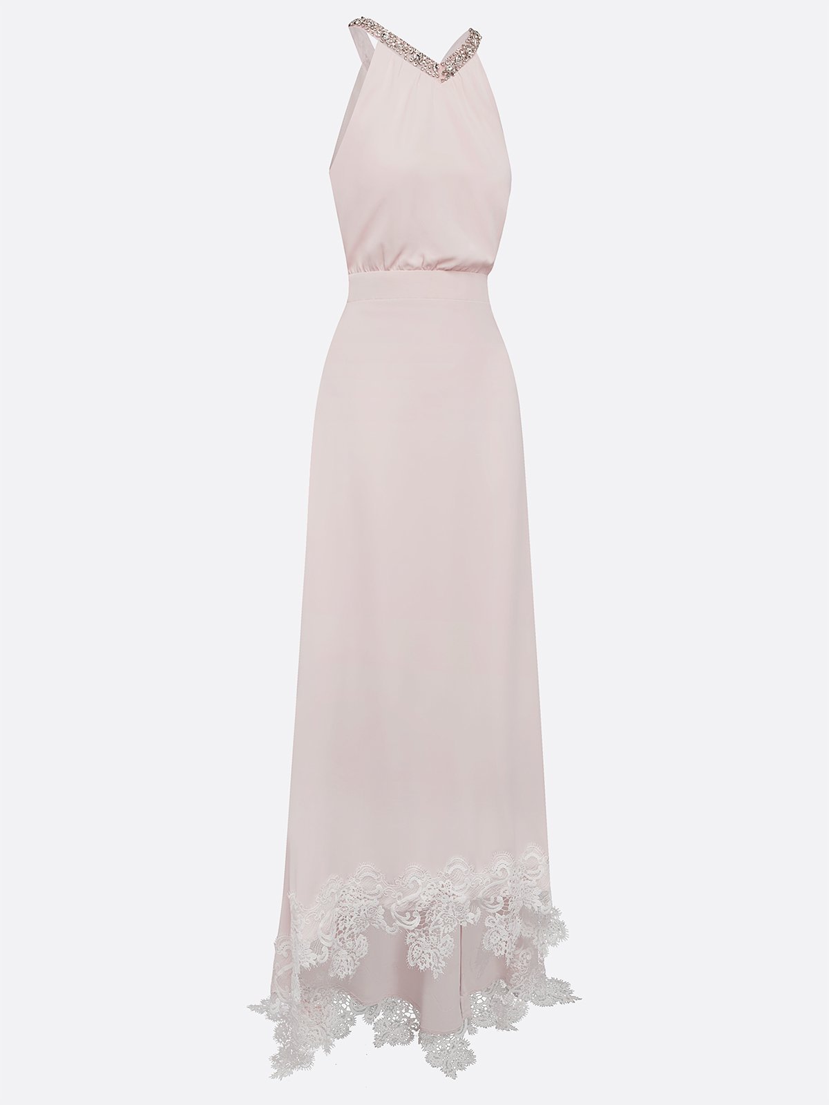 Pink Beaded Ruched Chiffon Halter Sleeveless A-Line Gown Dress