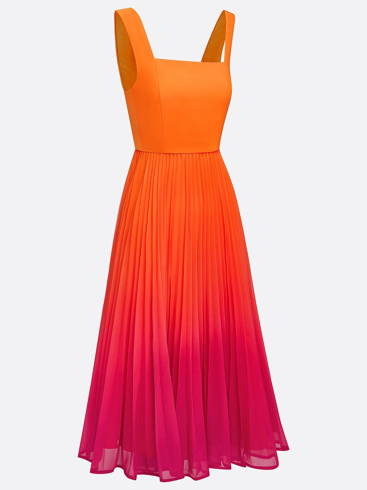 Orange Pleated Ombre Classic Square Neck Sleeveless A-Line Midi Dress