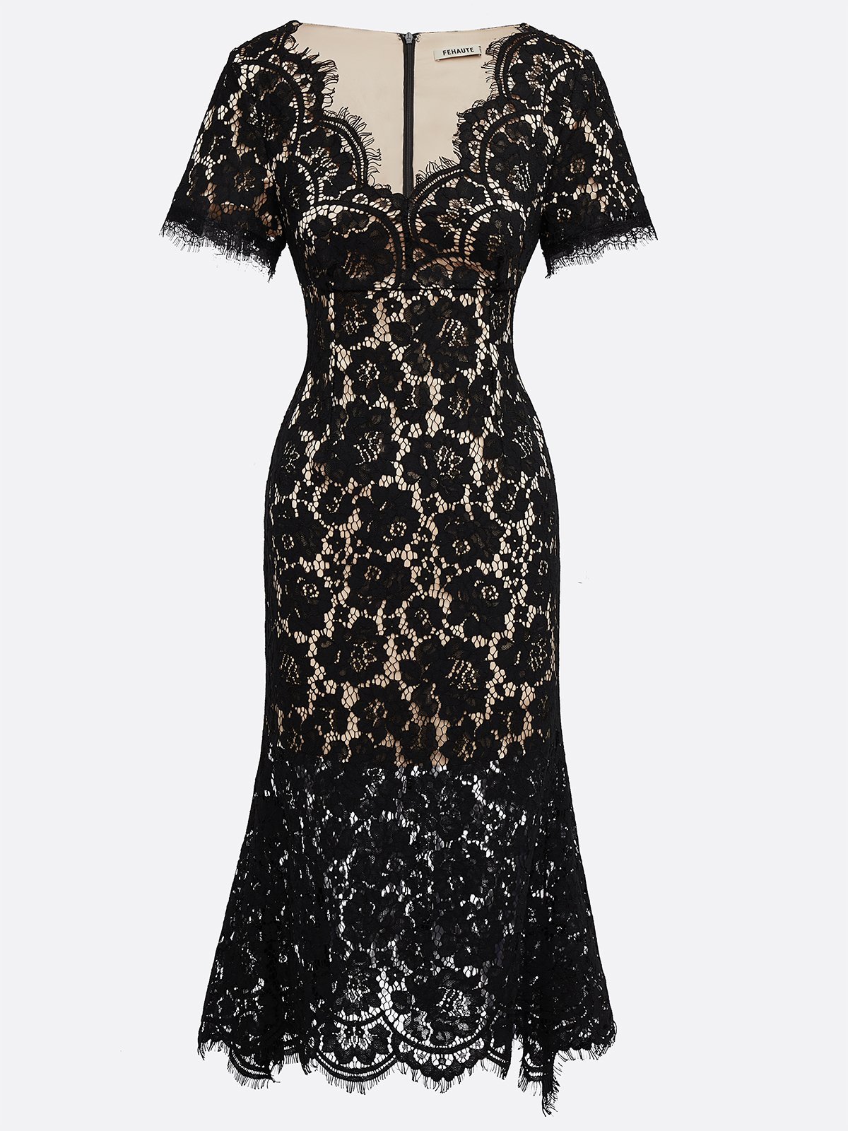 Black Lace Edge Lace V Neck Short Sleeve Mermaid Midi Dress